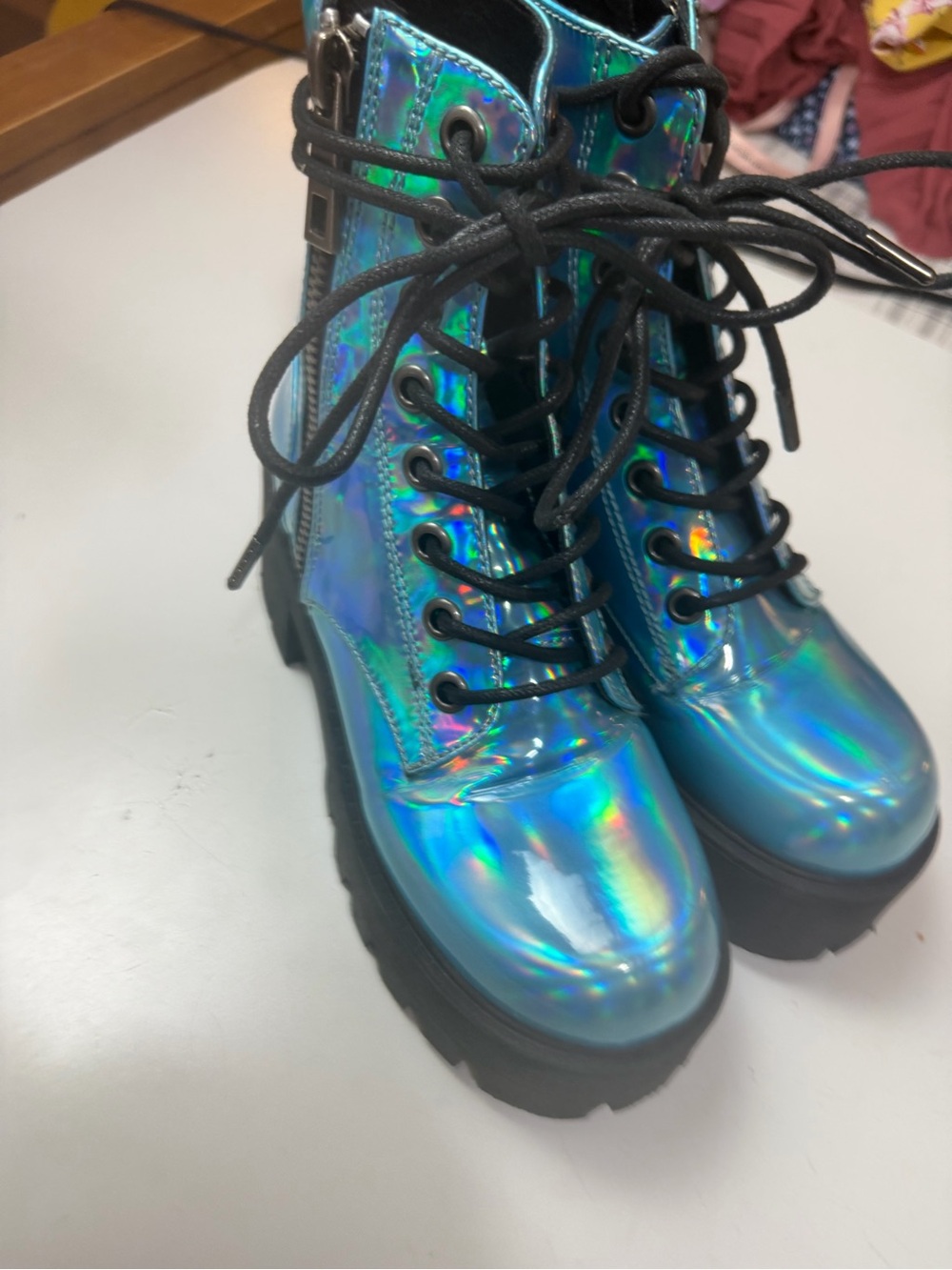 Current Mood Blue Metallic Holographic Walking On Water Platform Combat Boots 7 - Picture 4 of 16